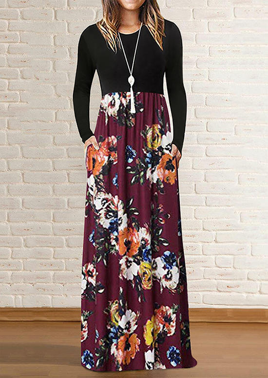 

Floral Splicing Ruffled Pocket Elastic Waist Maxi Dress - Black, 489050