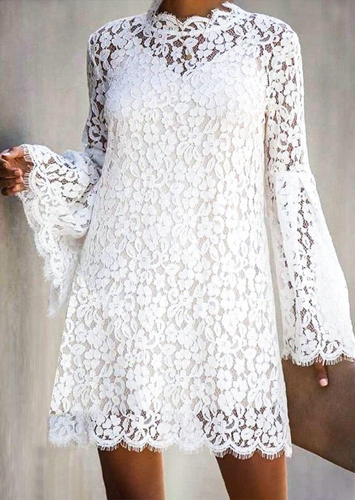 

Floral Lace Splicing Flare Sleeve Mini Dress - White, 493938