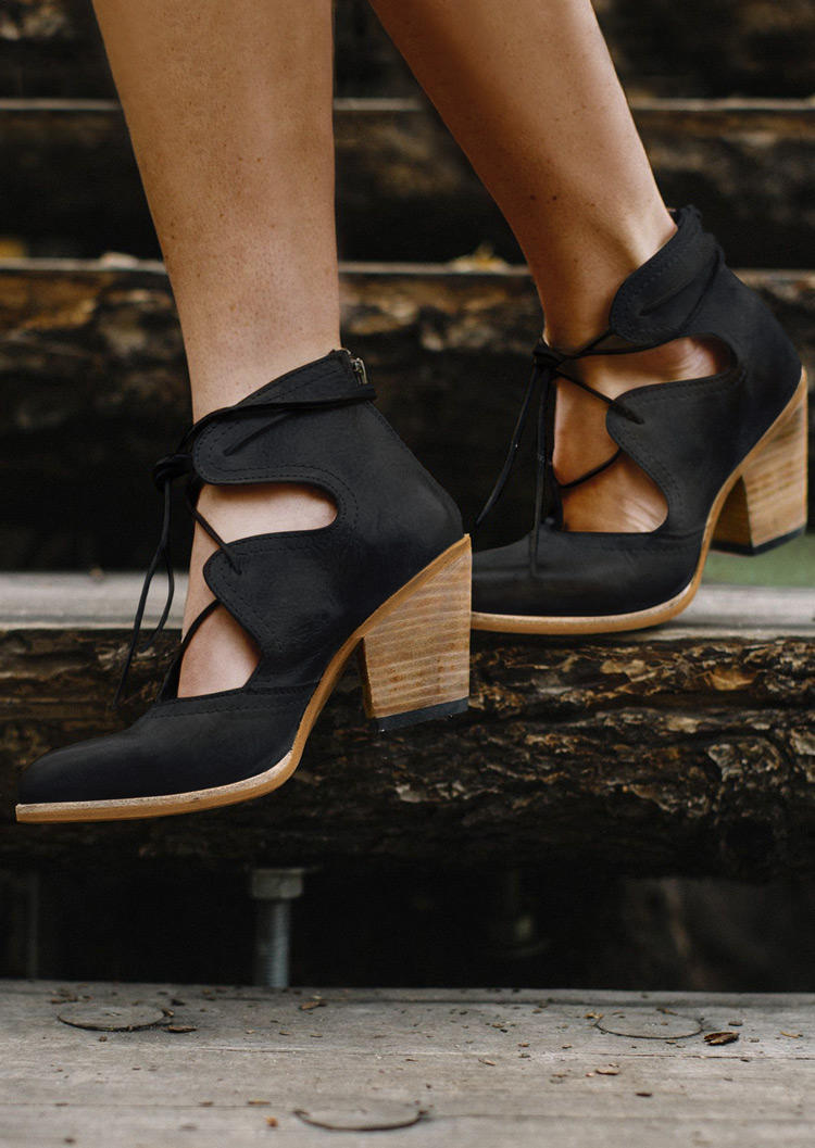 

Breathable Lace Up Round Toe Heeled Sandals - Black, 494232