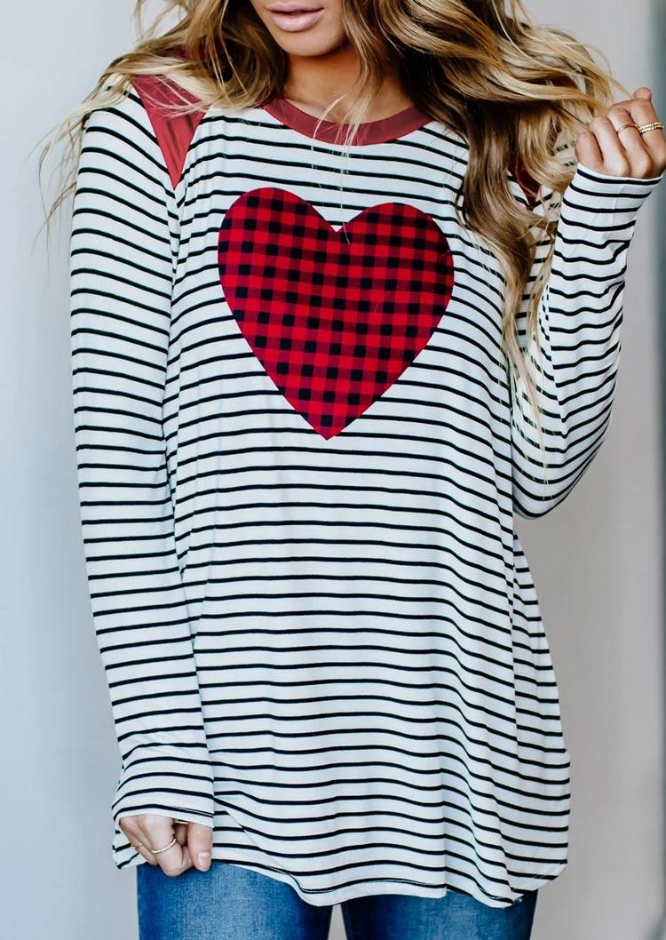 

Plaid Heart Striped Splicing Long Sleeve Blouse, Stripe, 494306