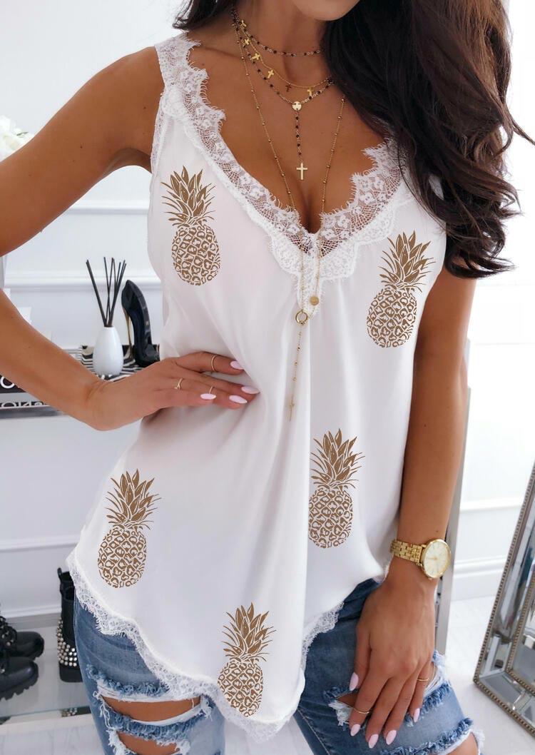 

Pineapple Lace Trim V-Neck Casual Tank - White, 494319