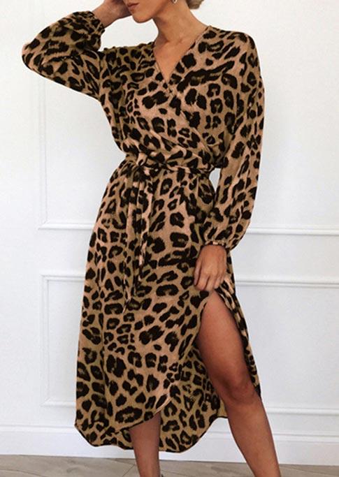 

Leopard Elastic Cuff Wrap V-Neck Casual Dress, 494321