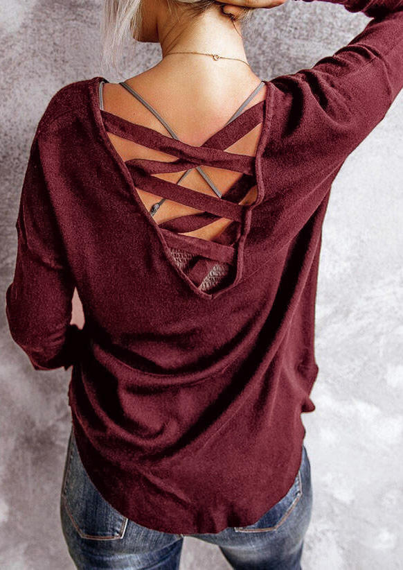 

Criss-Cross Open Back Long Sleeve Blouse - Burgundy, Red, 494326