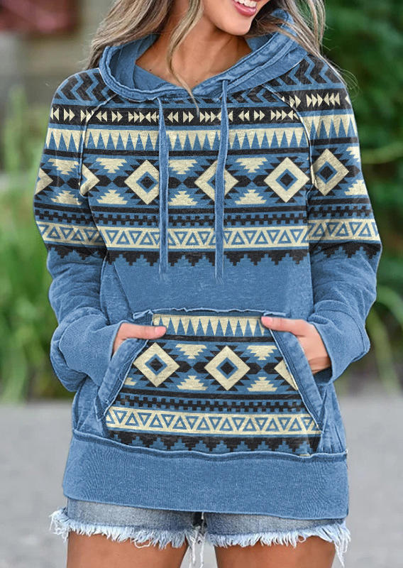 

Aztec Geometric Kangaroo Pocket Drawstring Pullover Hoodie - Blue, 494331