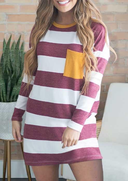 

Striped Color Block Pocket Long Sleeve Mini Dress, Stripe, 494371