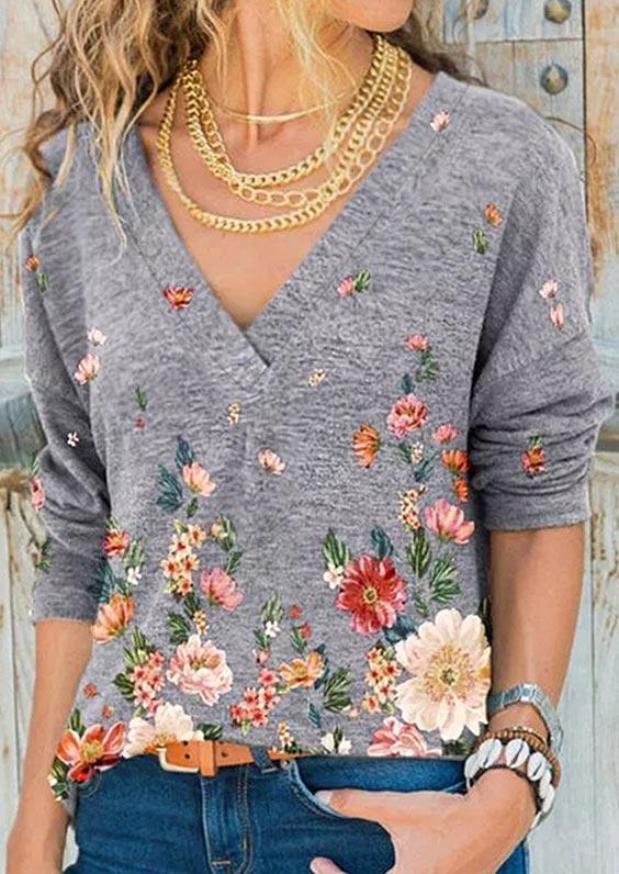 

Floral V-Neck Long Sleeve Blouse - Gray, 490382