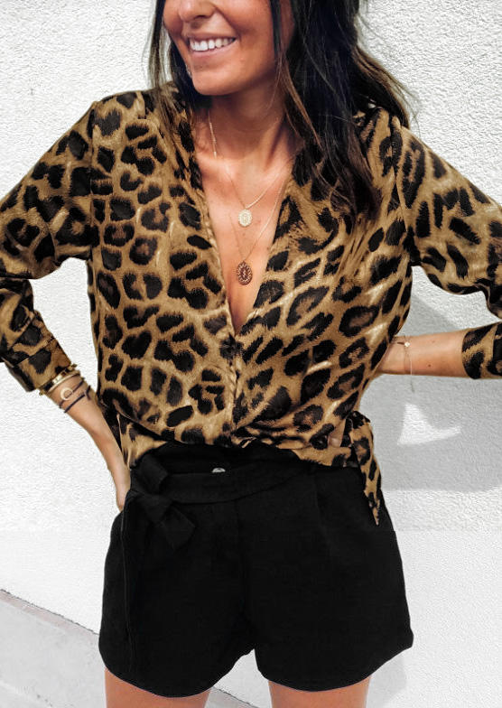 

Leopard Button Deep V-Neck Casual Blouse, 493988