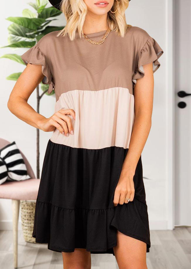 

Color Block Ruffled O-Neck Mini Dress, Multicolor, 494159