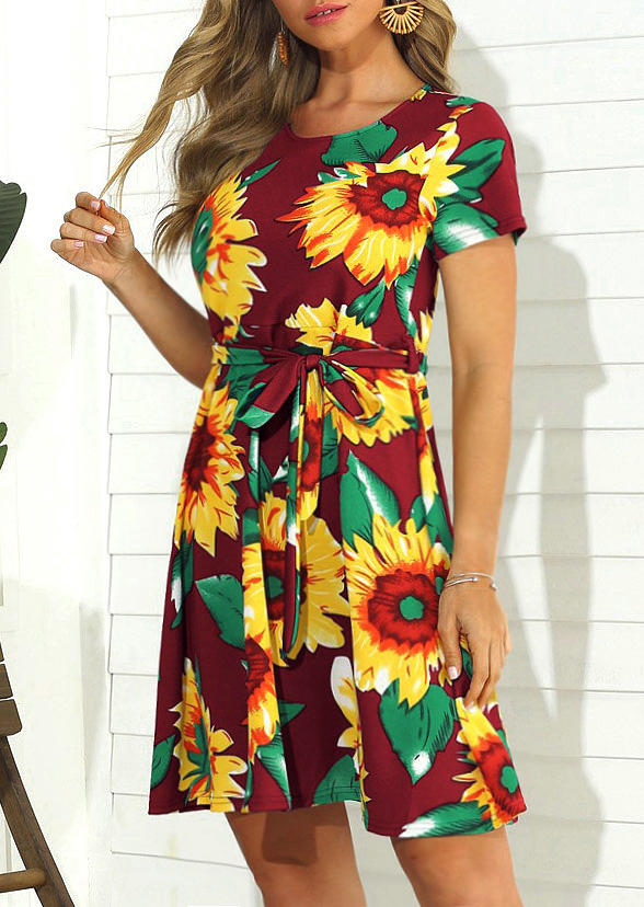 

Sunflower O-Neck Mini Dress - Burgundy, 494414