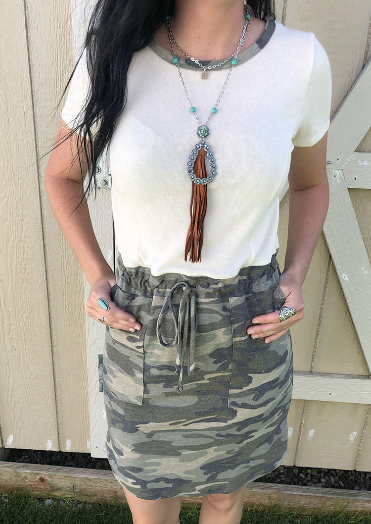 

Camouflage Elastic Waist Drawstring Pocket Mini Dress - White, 494425