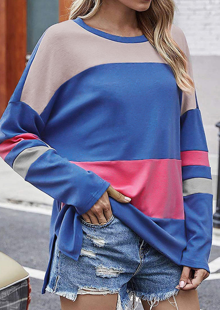 

Color Block Slit O-Neck Long Sleeve Blouse, Multicolor, 494537
