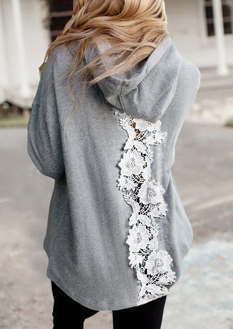 

Lace Splicing Drawstring Kangaroo Pocket Hoodie - Light Grey, 494235