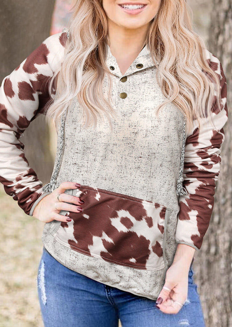 

Cow Splicing Kangaroo Pocket Button Pullover Hoodie - Gray, 494538