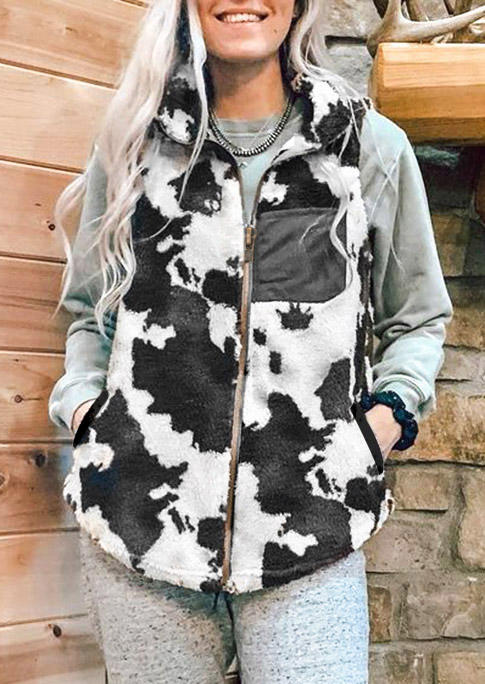 

Cow Pocket Zipper Plush Warm Sleeveless Vest Coat - Black, 494573