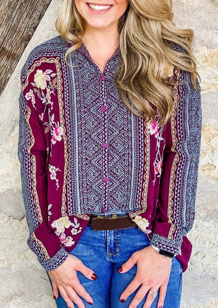 

Vintage Floral Geometric Button Long Sleeve Blouse, Multicolor, 494592