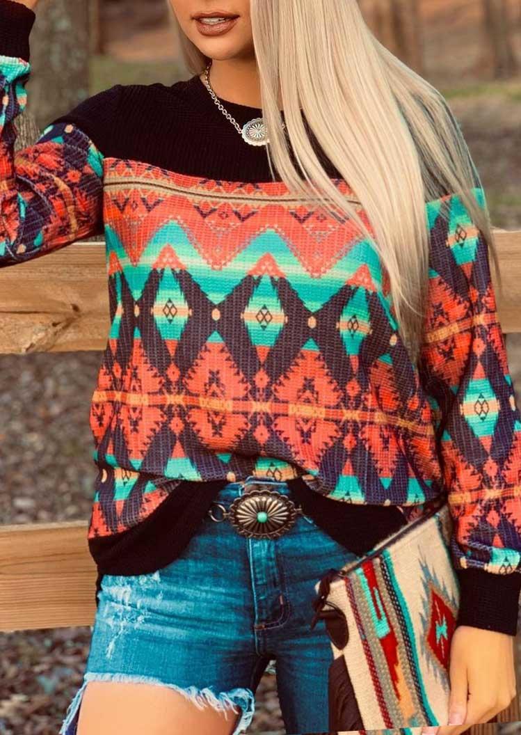 

Vintage Aztec Geometric Long Sleeve O-Neck Blouse, Multicolor, 494600