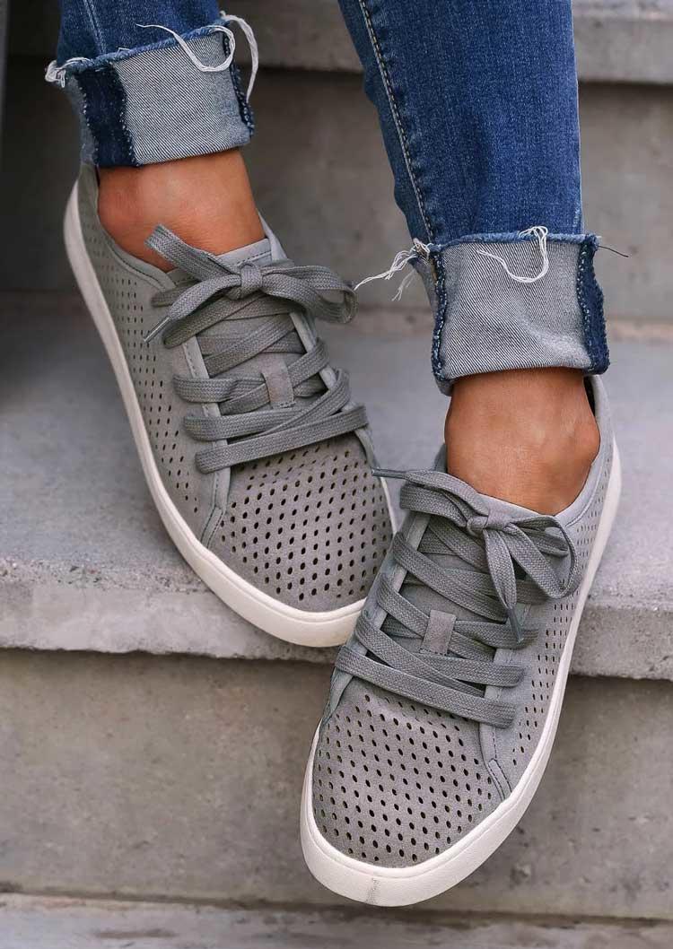 

Breathable Hole Lace Up Round Toe Flat Sneakers - Gray, 493147