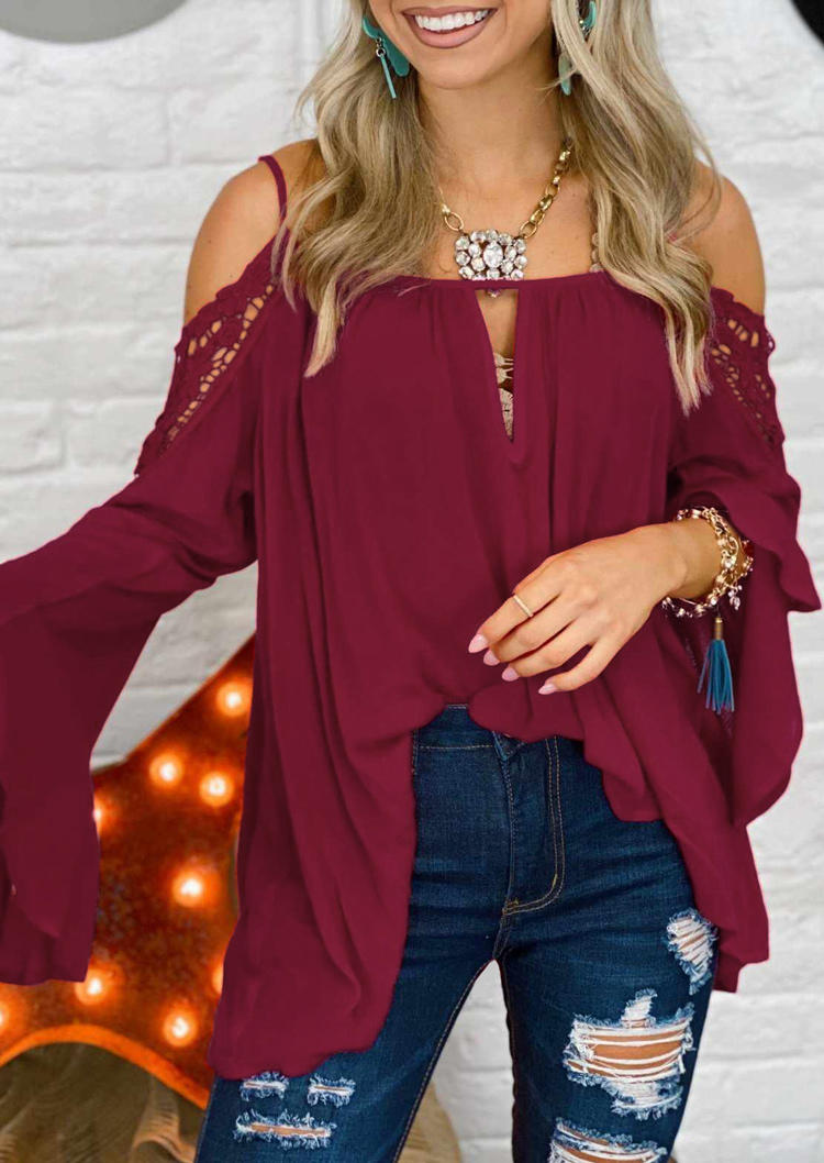 

Lace Splicing Hollow Out Cold Shoulder Blouse - Burgundy, 493416