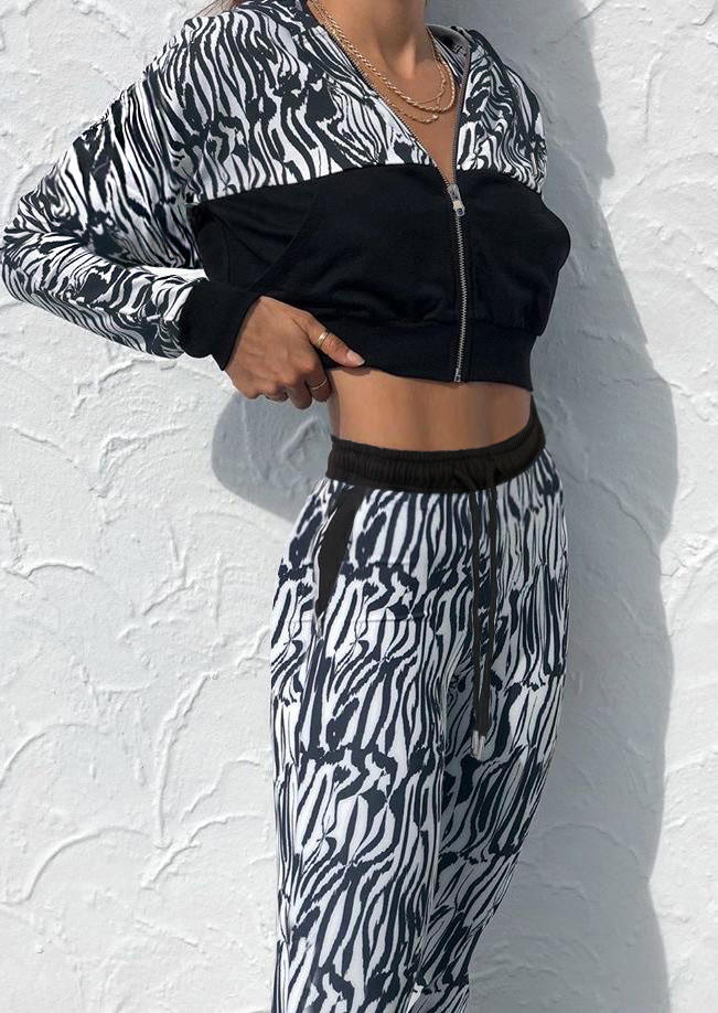 

Zebra Splicing Pocket Hoodie And Pocket Pants Two-Piece Set, Black, 494447