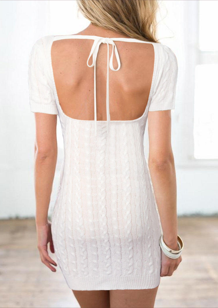 

Open Back Tie Knitted Bodycon Dress - White, 494449
