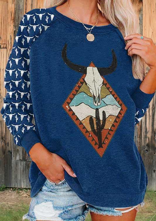 

Western Cactus Steer Skull Pullover Sweatshirt - Deep Blue, 494523