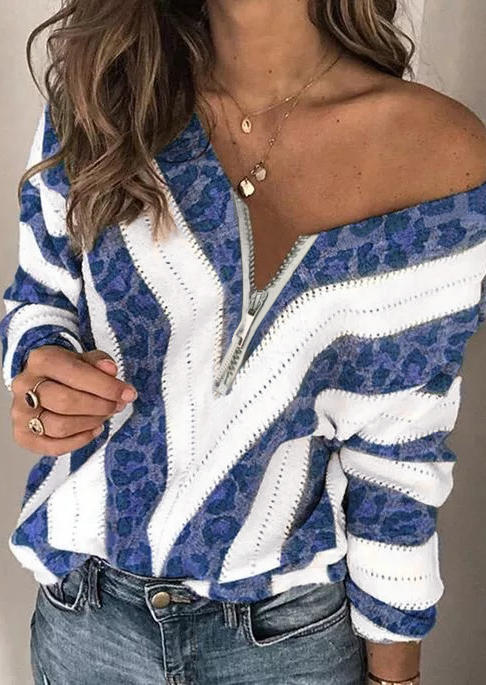 

Leopard Striped Zipper Collar Long Sleeve Blouse - Blue, 494607