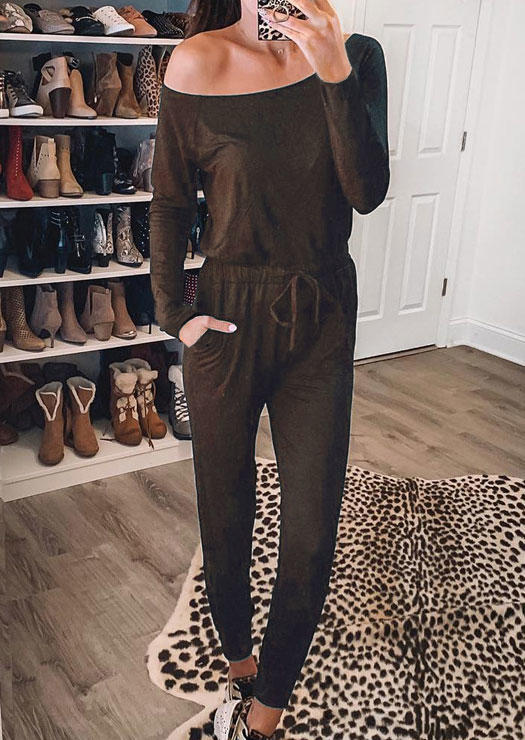 

Off Shoulder Elastic Waist Drawstring Pocket Jumpsuit - Dark Coffee, 494613