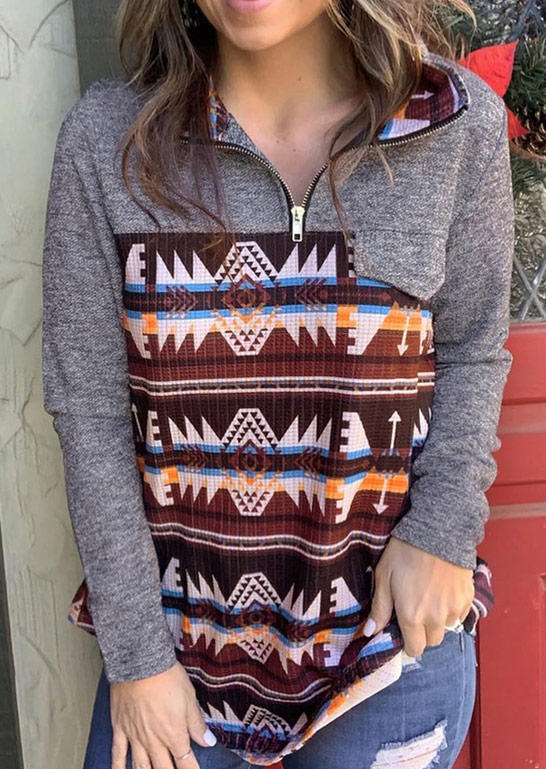 

Aztec Geometric Zipper Collar Decorative Fake Pocket Sweatshirt, Multicolor, 494628