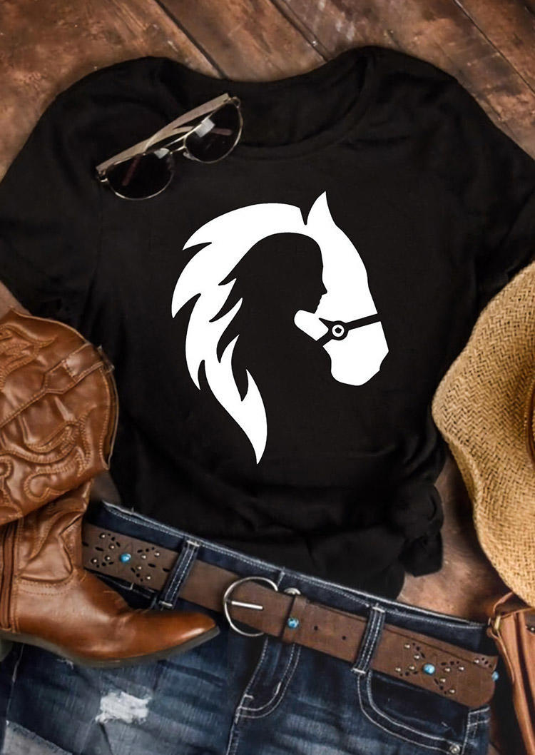 

Woman Horse Lover Western O-Neck T-Shirt Tee - Black, 494630