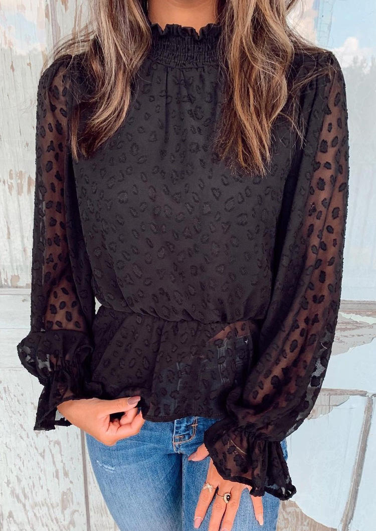 

Ruffled Elastic Cuff Long Sleeve O-Neck Blouse - Black, 494635