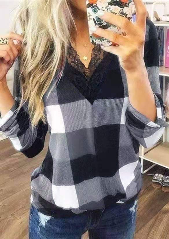 Plaid Lace Splicing V-Neck Long Sleeve Blouse