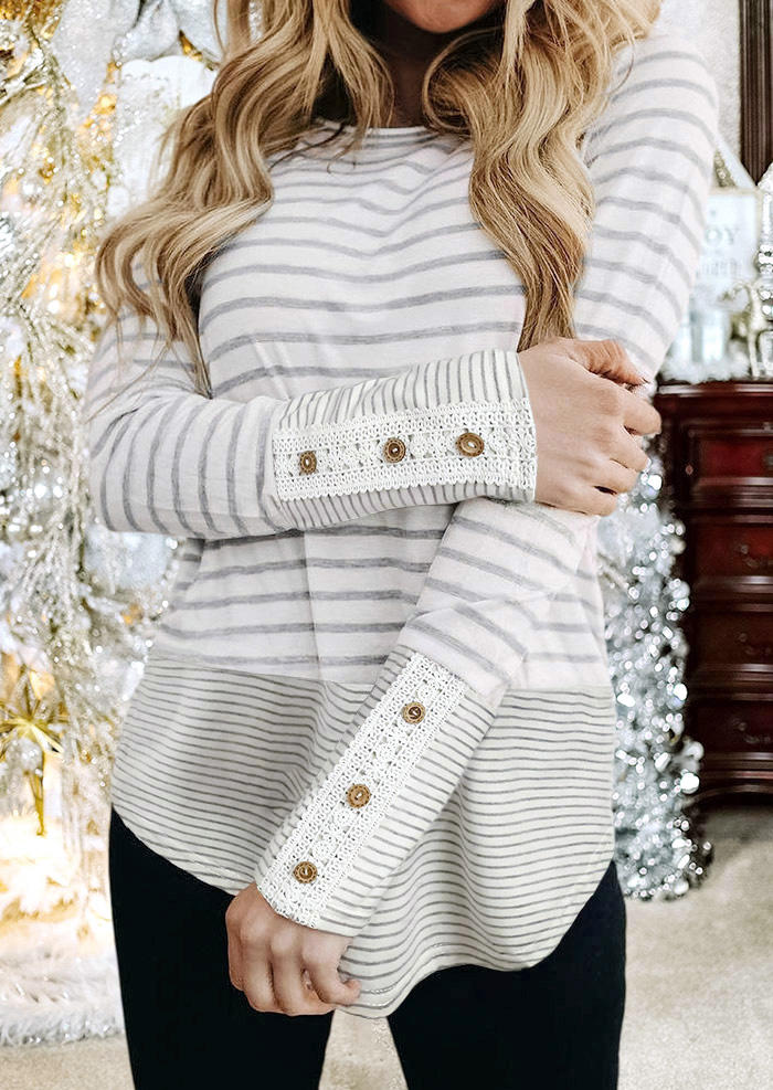 

Lace Striped Splicing Button Asymmetric Blouse, Stripe, 493673