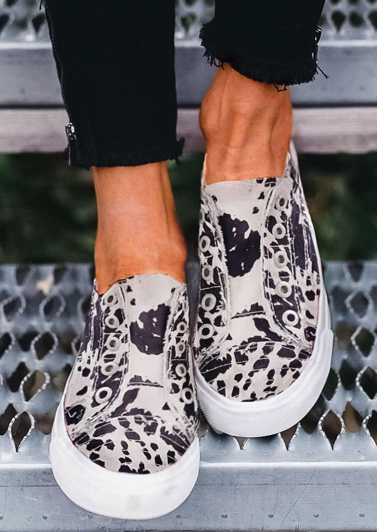 Cow Slip On Round Toe Flat Canvas Sneakers - Coffee, 493958