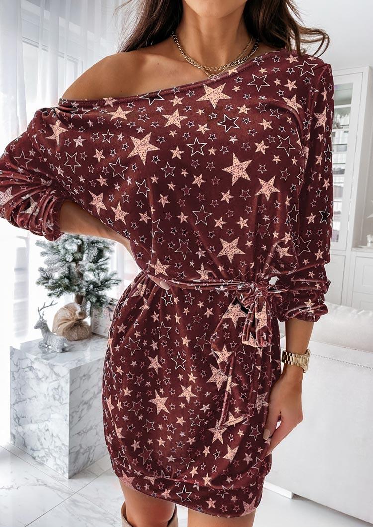 

Star Elastic Cuff Long Sleeve Mini Dress - Burgundy, 494617