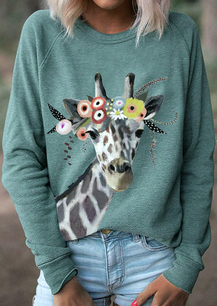 

Floral Giraffe Long Sleeve Pullover Sweatshirt - Cyan, 494626