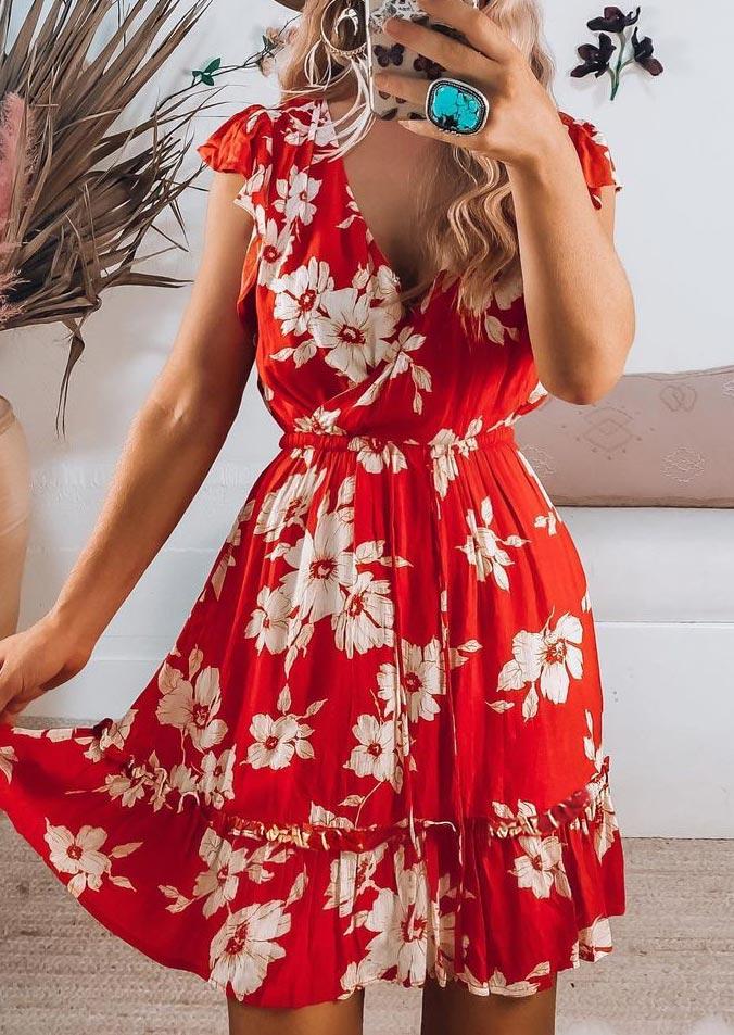 

Floral Ruffled Elastic Waist V-Neck Mini Dress - Red, 494651