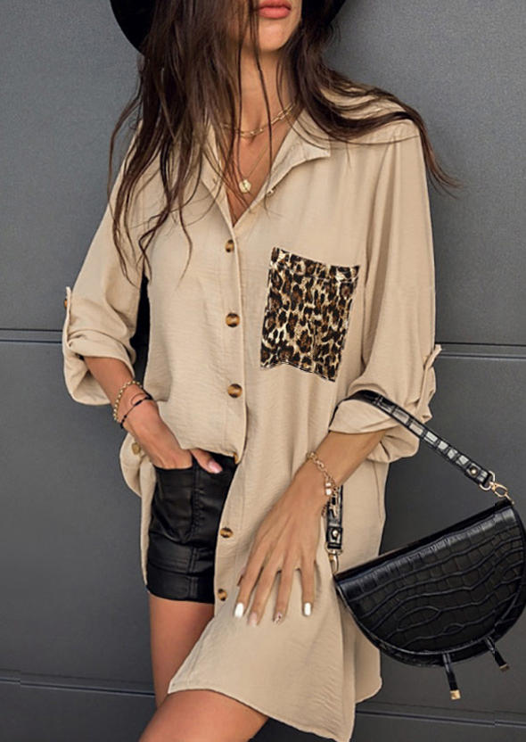 

Leopard Pocket Button Tab-Sleeve Shirt - Apricot, 494659