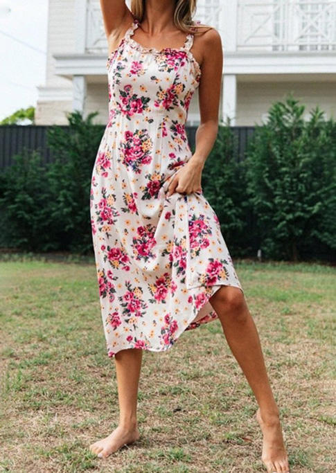 

Floral Ruffled Spaghetti Strap Hem Casual Dress - Pink, 494702