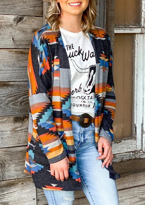 

Aztec Geometric Colorful Striped Pocket Open Front Cardigan, Multicolor, 494722