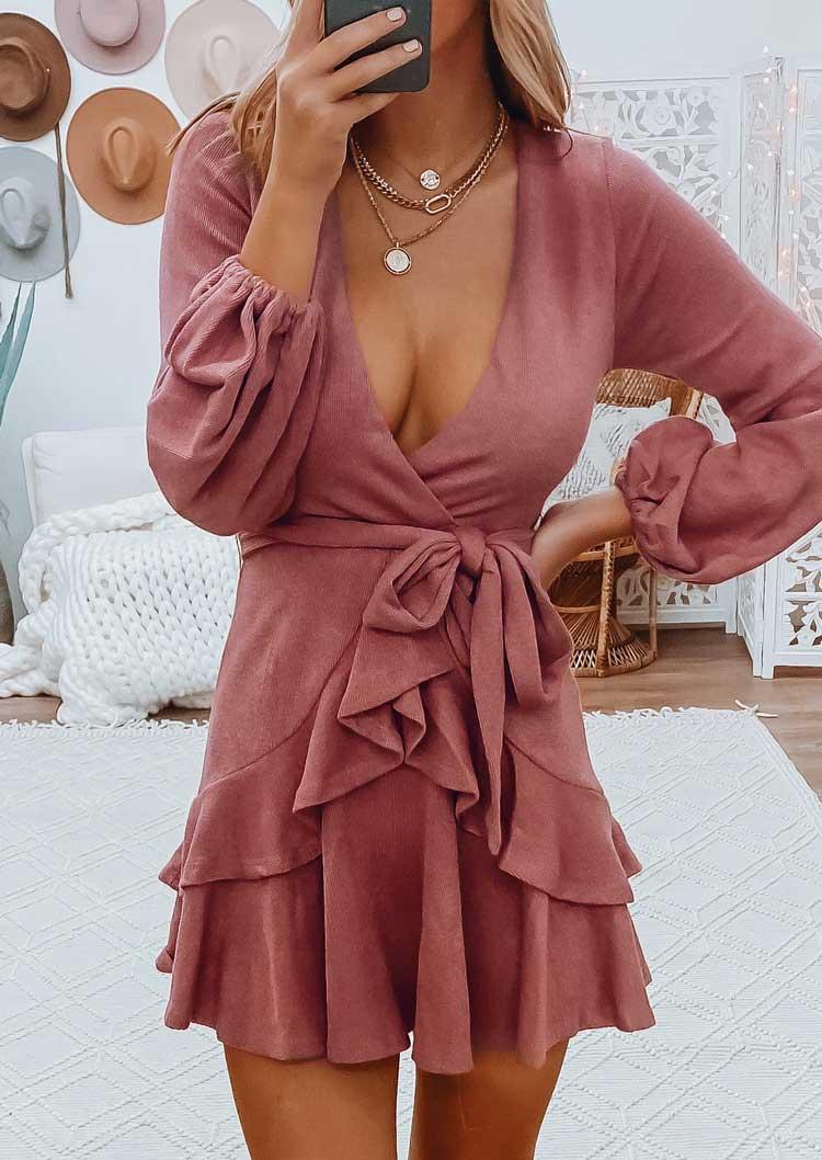 

Ruffled Deep V-Neck Elastic Cuff Mini Dress - Brick Red, 494725