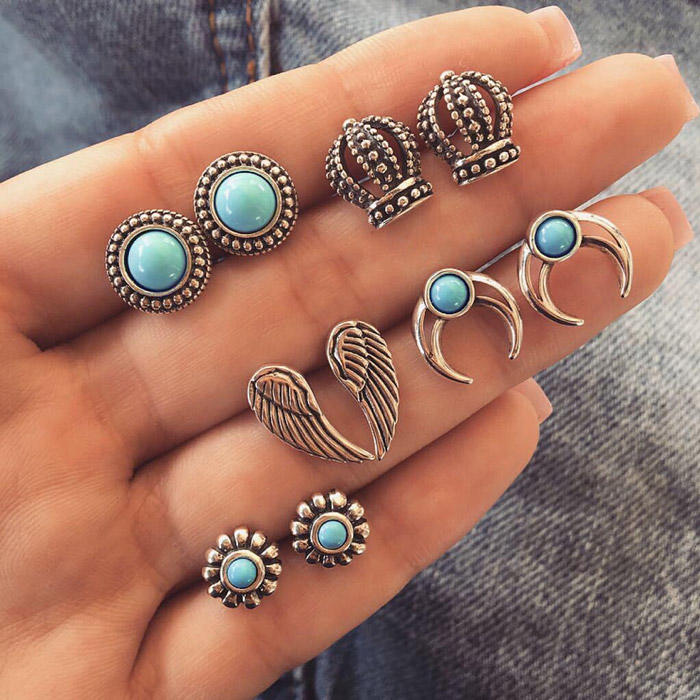

5 Pairs Crown Moon Angel Wing Turquoise Stud Earrings Set, Silver, 494729