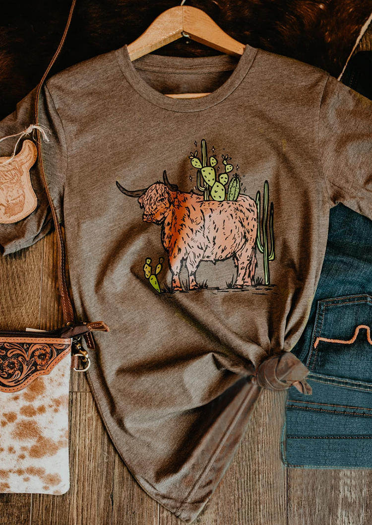 

Highland Cattle Cactus O-Neck T-Shirt Tee - Brown, 494736