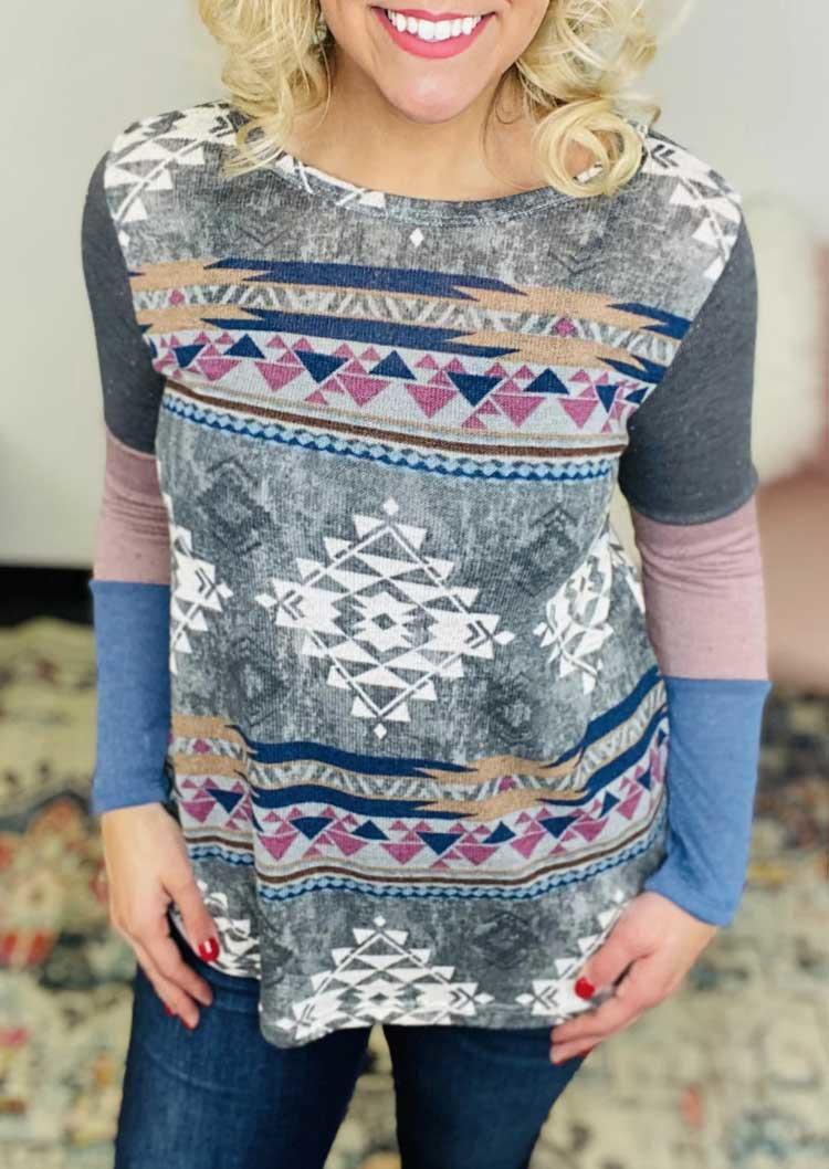 

Aztec Geometric Color Block Long Sleeve Blouse, Multicolor, 494768