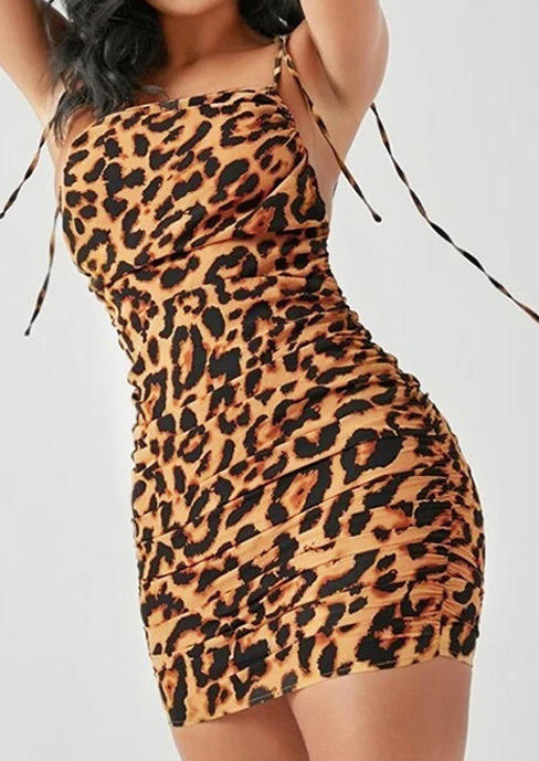 Leopard Ruched Spaghetti Strap Tie Bodycon Dress