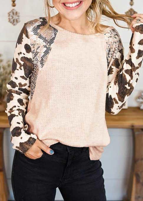 

Cow Snake Skin Splicing Waffle Long Sleeve Blouse - Apricot, 494773