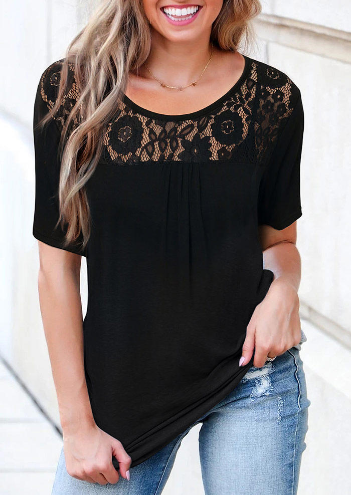 

Lace Floral Splicing Ruffled O-Neck Blouse - Black, 494775