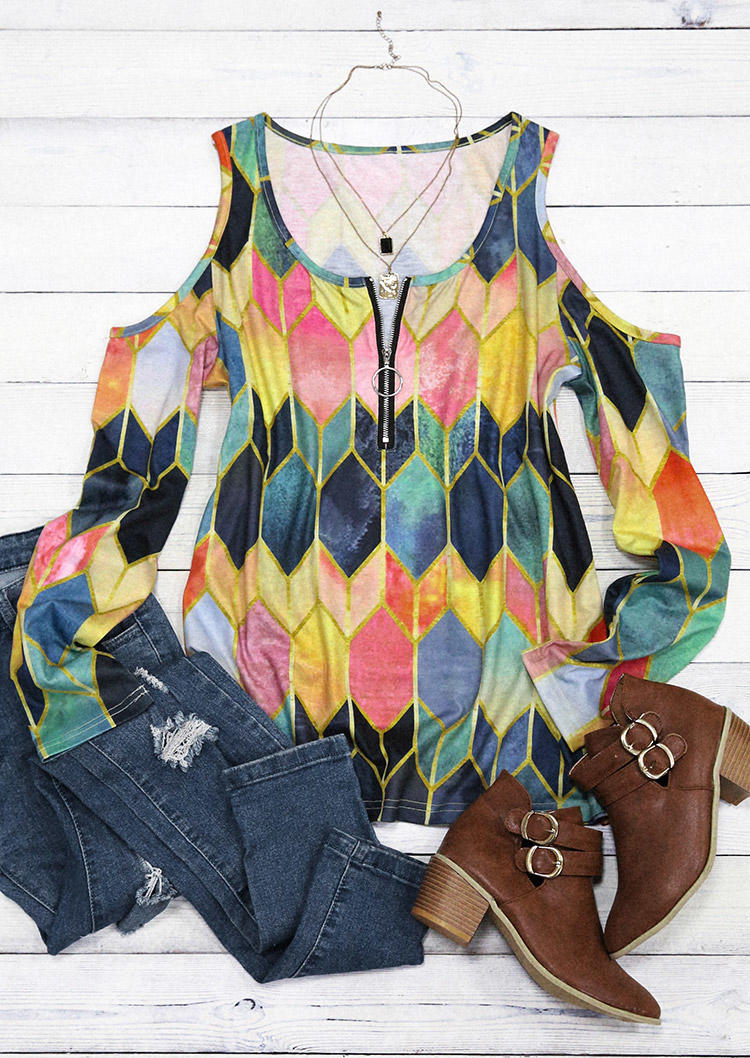 Colorful Geometric Zipper Cold Shoulder Blouse