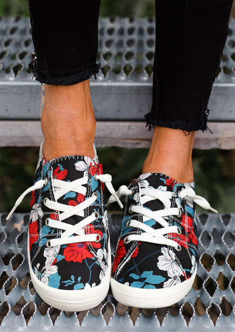 

Floral Lace Up Flat Casual Sneakers, Multicolor, 494794