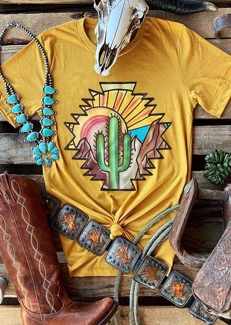 

Cactus Aztec Geometric O-Neck T-Shirt Tee - Yellow, 494836