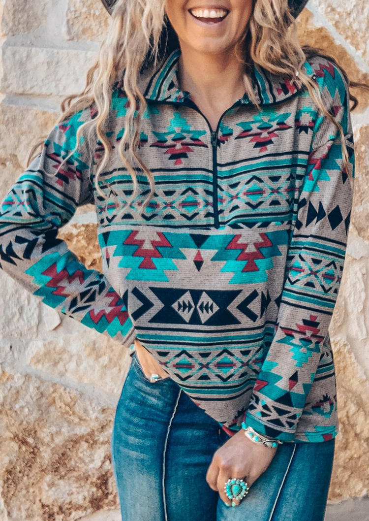 

Aztec Geometric Western Zipper Collar Pullover Sweatshirt, Multicolor, 494844